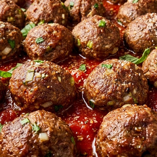 Close-up of numerous meatballs simmering in a rich red tomato sauce, garnished with fresh herbs.