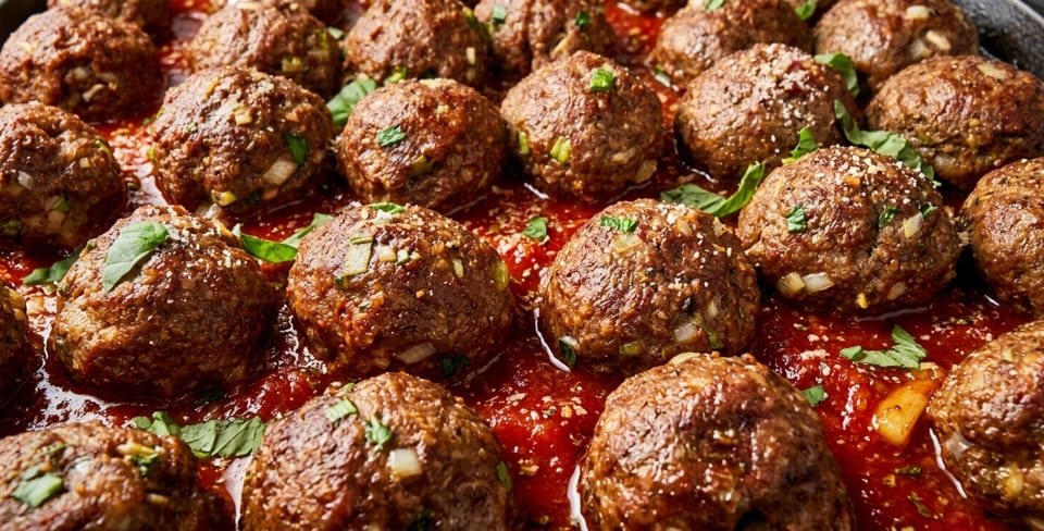 Close-up of numerous meatballs simmering in a rich red tomato sauce, garnished with fresh herbs.