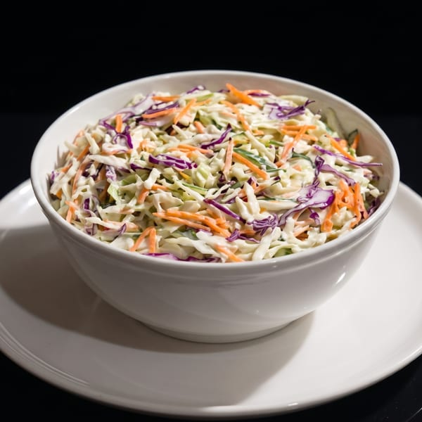 A white bowl filled with creamy coleslaw, featuring shredded cabbage, carrots, and red cabbage.
