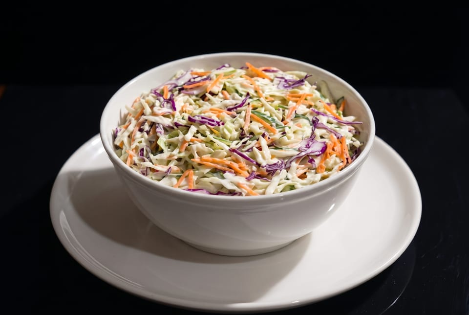 A white bowl filled with creamy coleslaw, featuring shredded cabbage, carrots, and red cabbage.