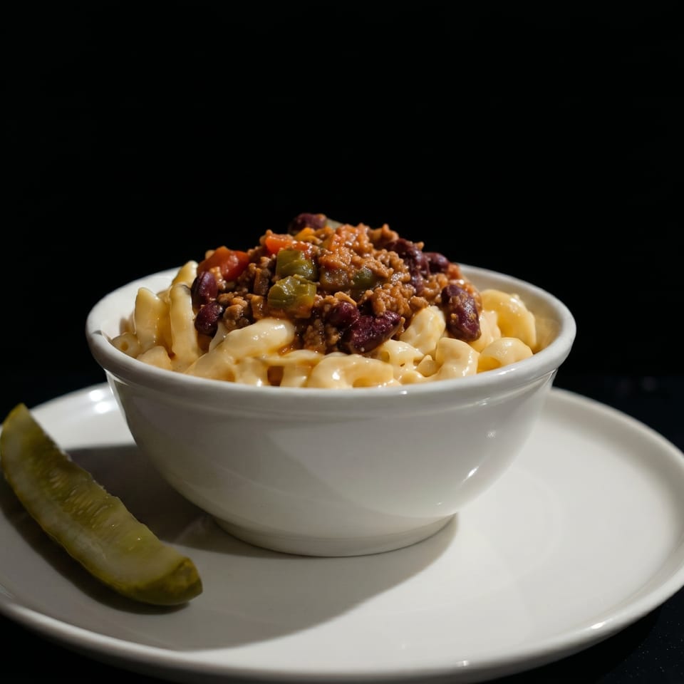 A white bowl of macaroni and cheese topped with chili, served with a pickle spear.