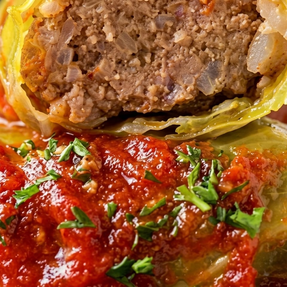 Close-up of a plate of cabbage rolls, one cut open to show the meat and rice filling.