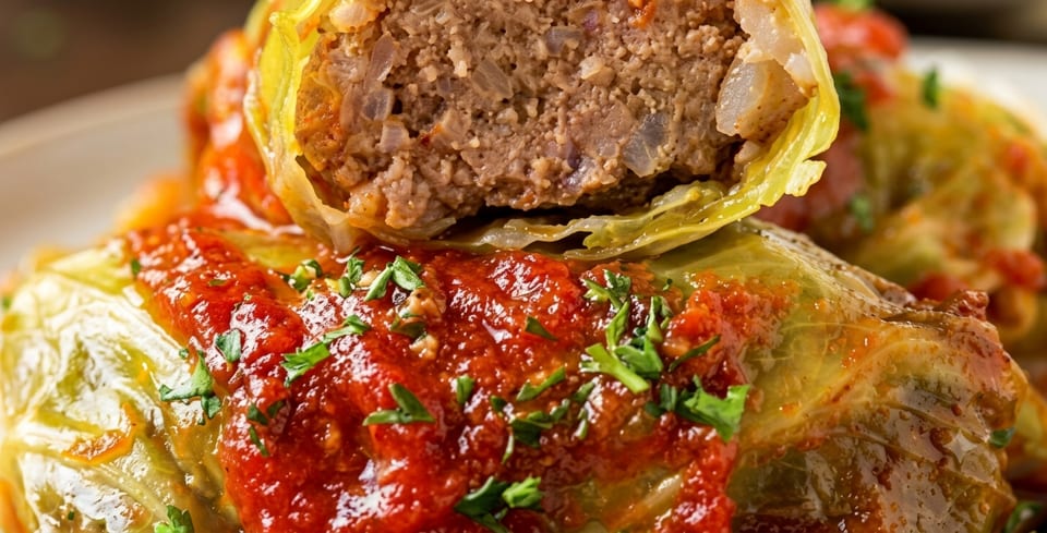 Close-up of a plate of cabbage rolls, one cut open to show the meat and rice filling.