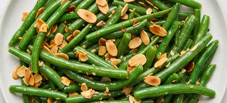 Close-up of vibrant green beans tossed with toasted almond slivers and seasonings on a white plate.