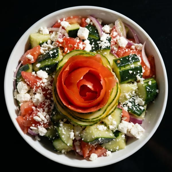 A vibrant Greek salad with cucumbers, tomatoes, red onion, feta, and a cucumber-tomato rose garnish.