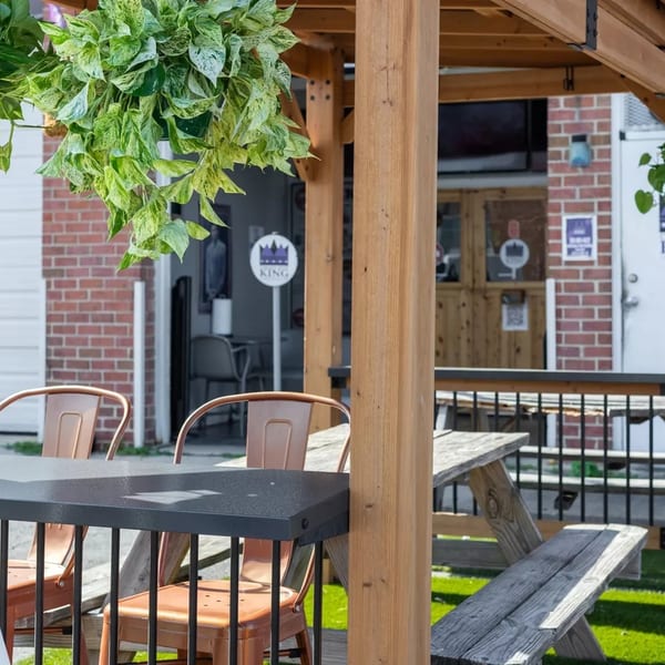 Outdoor patio with hanging plants, metal chairs, and wooden picnic tables on artificial grass.