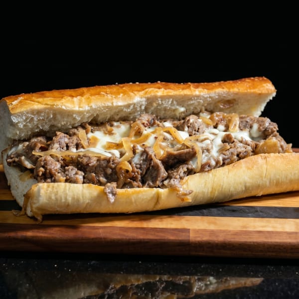 Cheesesteak sandwich with steak, onions, and melted cheese on a wooden cutting board.