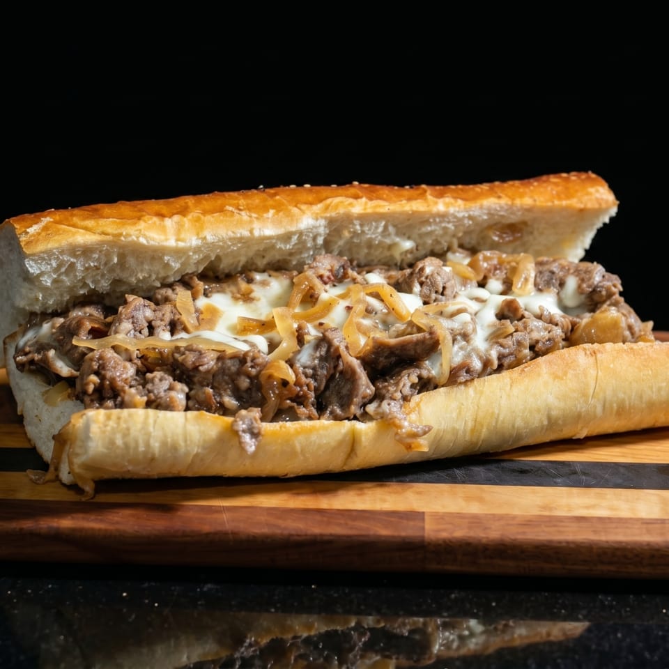 Cheesesteak sandwich with steak, onions, and melted cheese on a wooden cutting board.