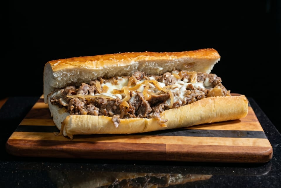 Cheesesteak sandwich with steak, onions, and melted cheese on a wooden cutting board.