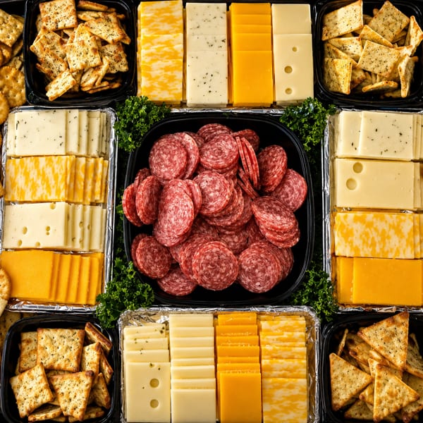A large platter filled with various cheeses, crackers, and sliced salami, garnished with parsley.