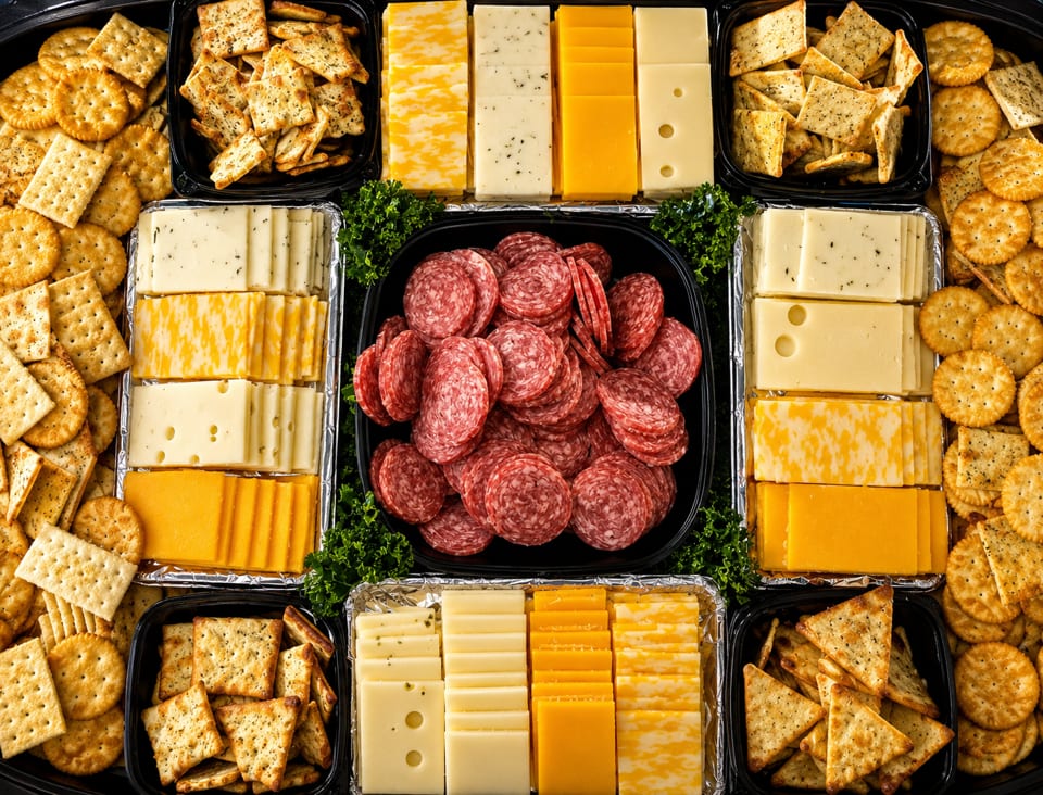 A large platter filled with various cheeses, crackers, and sliced salami, garnished with parsley.