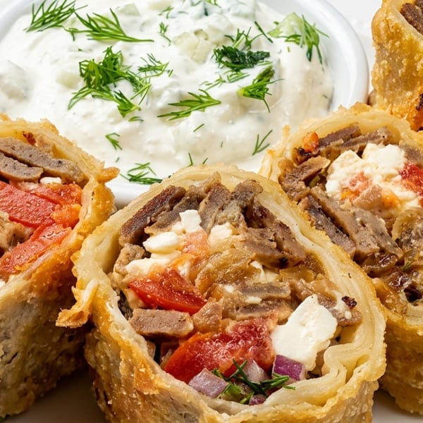 Crispy gyro egg rolls filled with meat, feta, and tomatoes, served with tzatziki sauce.