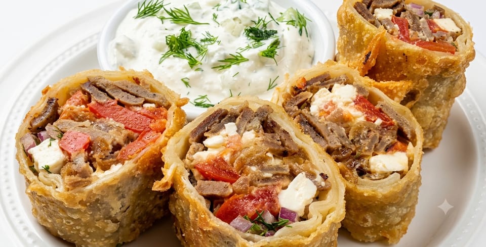 Crispy gyro egg rolls filled with meat, feta, and tomatoes, served with tzatziki sauce.