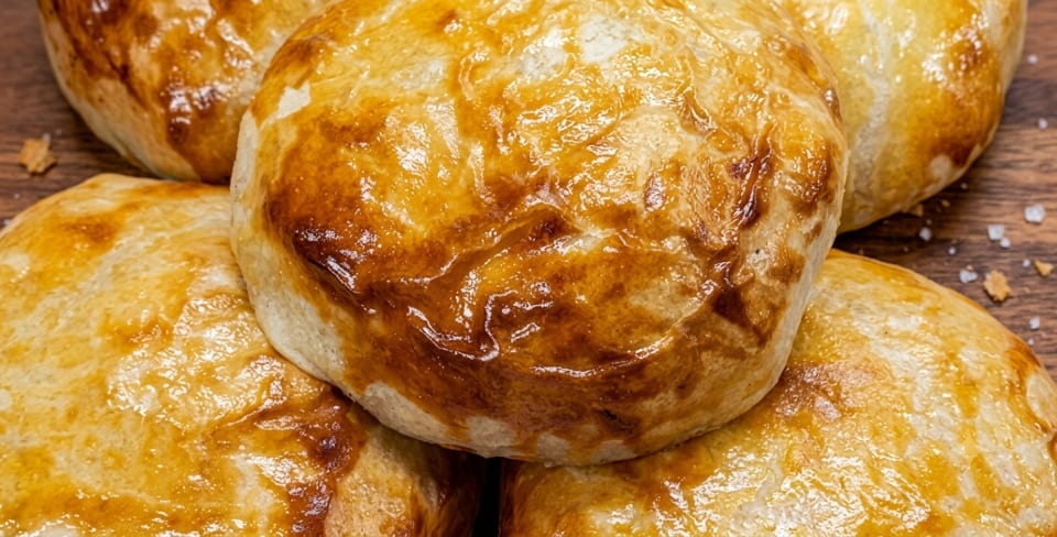 Close-up of golden-brown baked pastries, possibly empanadas or buns, on a wooden surface.