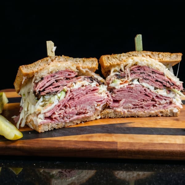 A large pastrami sandwich, cut in half, with coleslaw and a pickle spear on a wooden board.