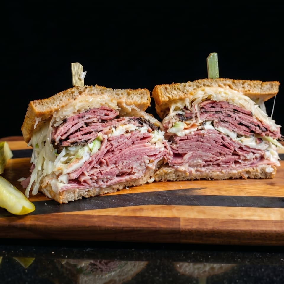 A large pastrami sandwich, cut in half, with coleslaw and a pickle spear on a wooden board.