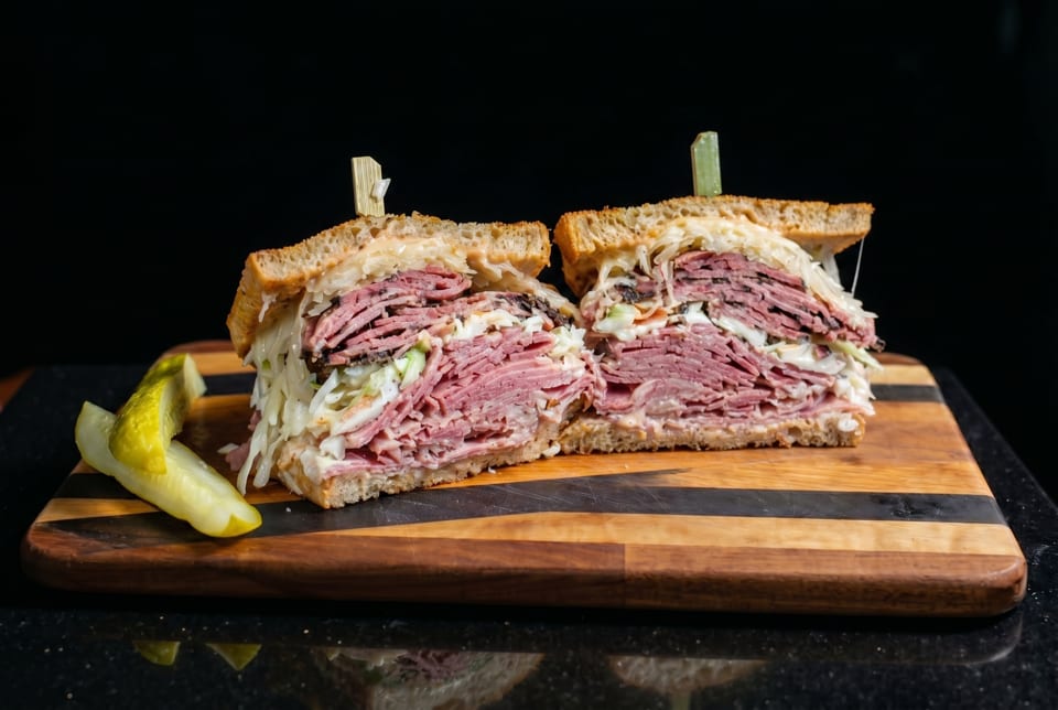 A large pastrami sandwich, cut in half, with coleslaw and a pickle spear on a wooden board.