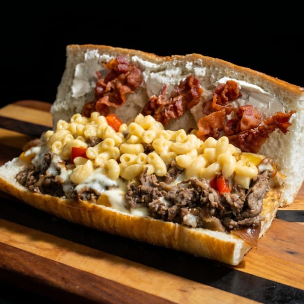 A large cheesesteak sandwich with mac and cheese, bacon, and peppers on a wooden board.
