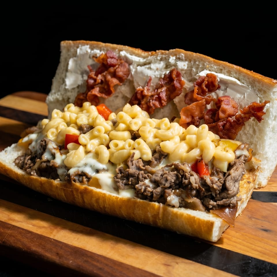 A large cheesesteak sandwich with mac and cheese, bacon, and peppers on a wooden board.