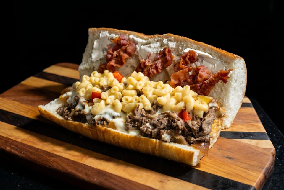 A large cheesesteak sandwich with mac and cheese, bacon, and peppers on a wooden board.