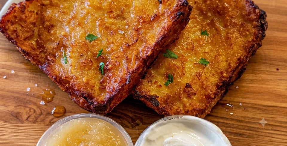 Two golden-brown potato latkes with parsley, applesauce, and sour cream on a wooden board.